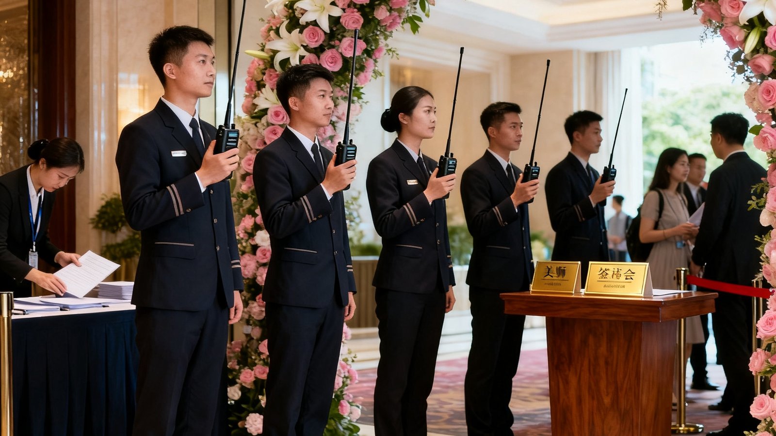 美狮贵宾会礼宾团队在婚礼现场协调工作的场景，六位身着深色制服的礼宾人员手持对讲机在宴会厅入口处部署接待流程，背景可见精致的鲜花拱门和签到区布置
