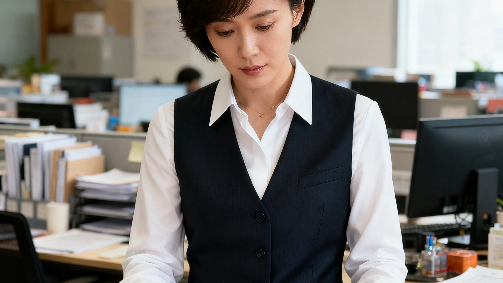 运营总监李娜娜的半身肖像照，她留着简洁的短发，身着白色衬衫搭配深色西装马甲，站在办公桌前查看日程表，背景是忙碌有序的办公室